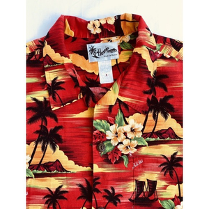 Men's Howie Hawaiian Cotton Shirt‎ Made In Hawaii Red Island Sunset Size XL